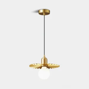 Rozeta brass pendant light with pleated petal shade and exposed globe bulb, front view studio
