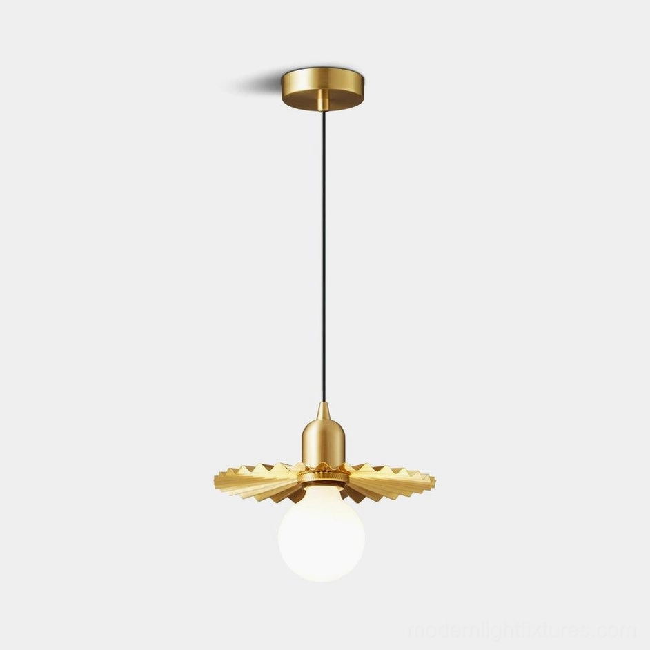 Rozeta brass pendant light with pleated petal shade and exposed globe bulb, front view studio