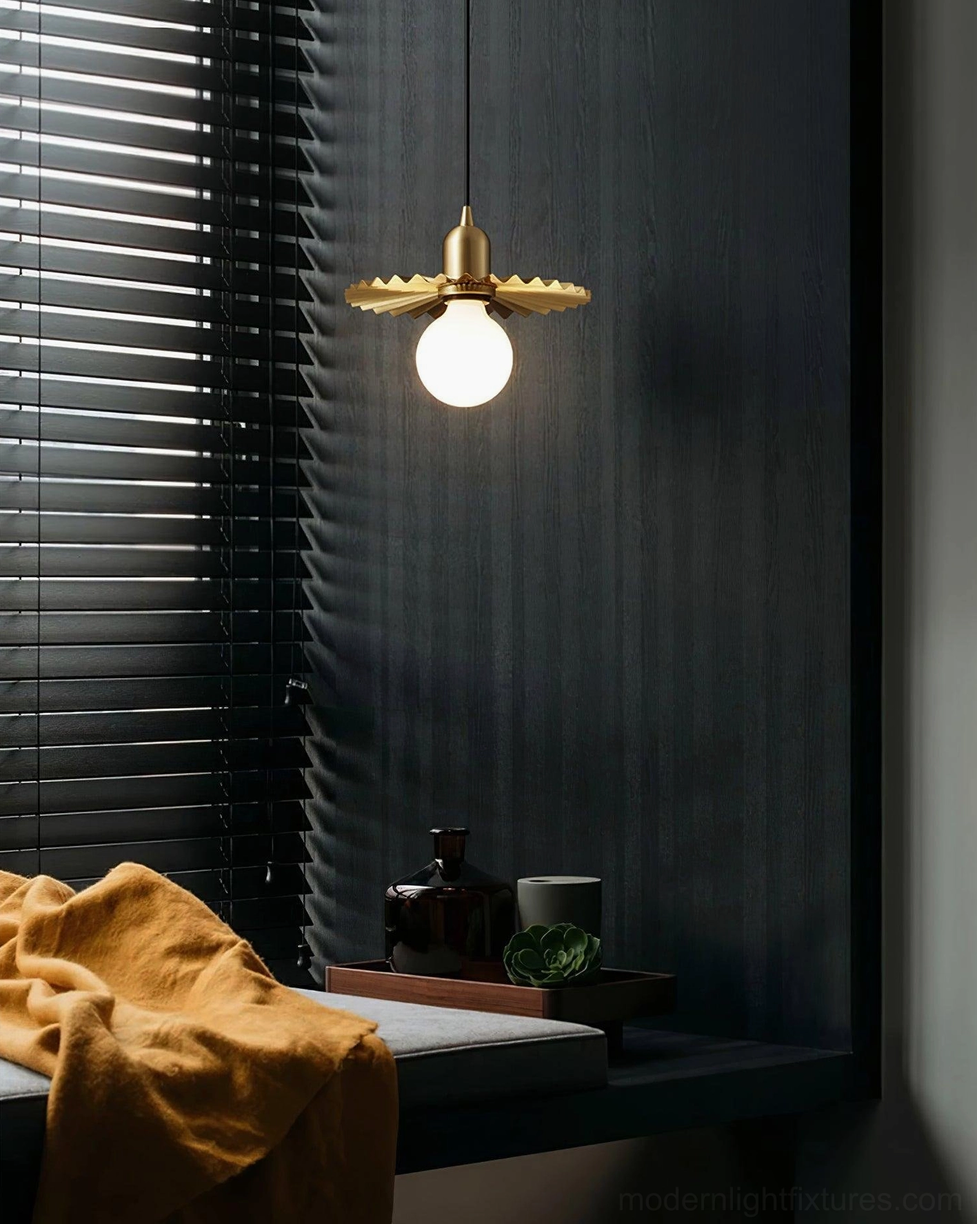 Rozeta brass pendant light close-up detail showing pleated shade texture and brass construction