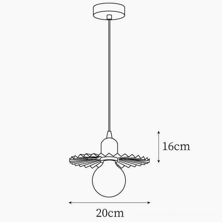 Rozeta pendant light Model D technical drawing, 20cm diameter pleated petal shade specification