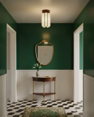 Ruby Streak ceiling light fixture installed in green wainscoting hallway - modern entryway lighting
