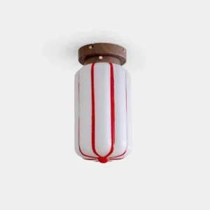 Ruby Streak hand-blown glass striped ceiling light fixture with walnut wood base - front close-up view