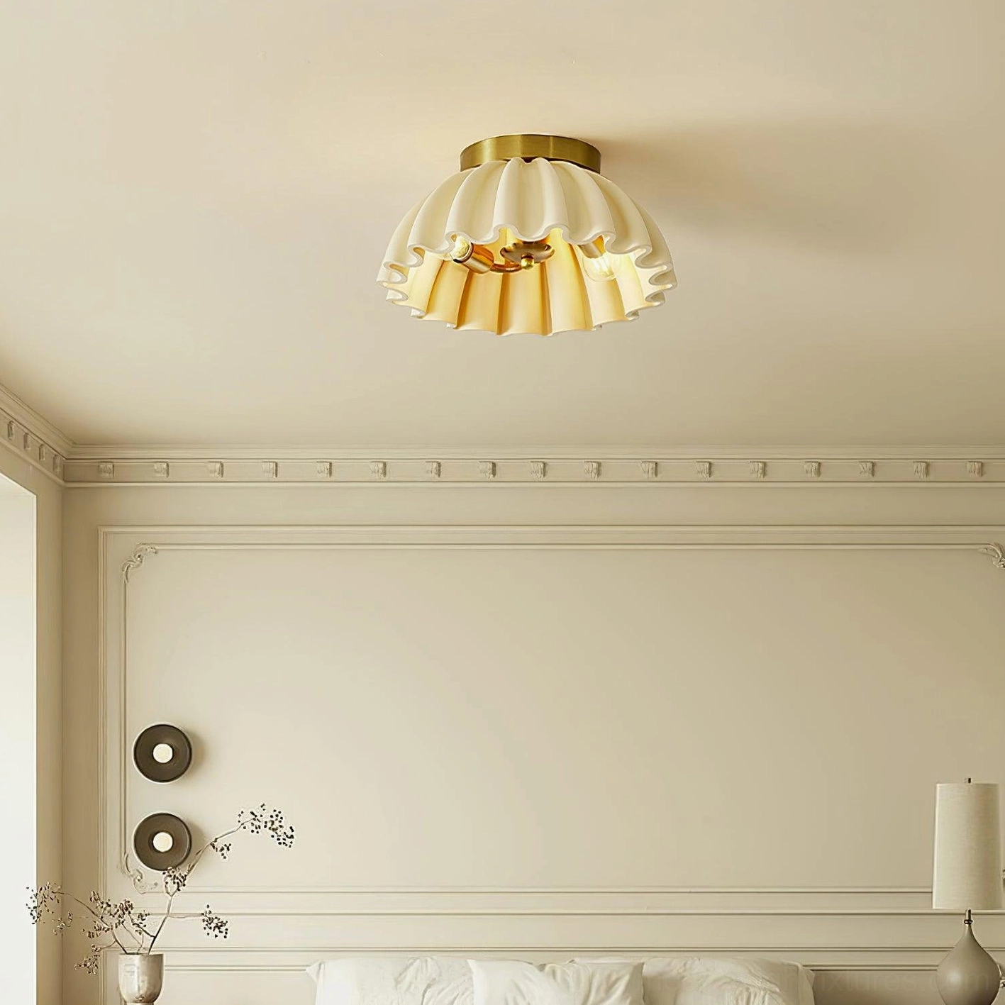 Overhead view of ruffle pleated ceiling light mounted in French country bedroom with warm neutral decor
