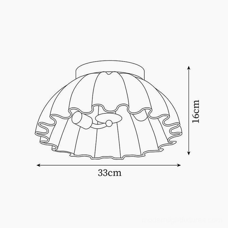 Technical schematic drawing of ruffle pleated ceiling light with product dimensions 33cm diameter by 16cm height