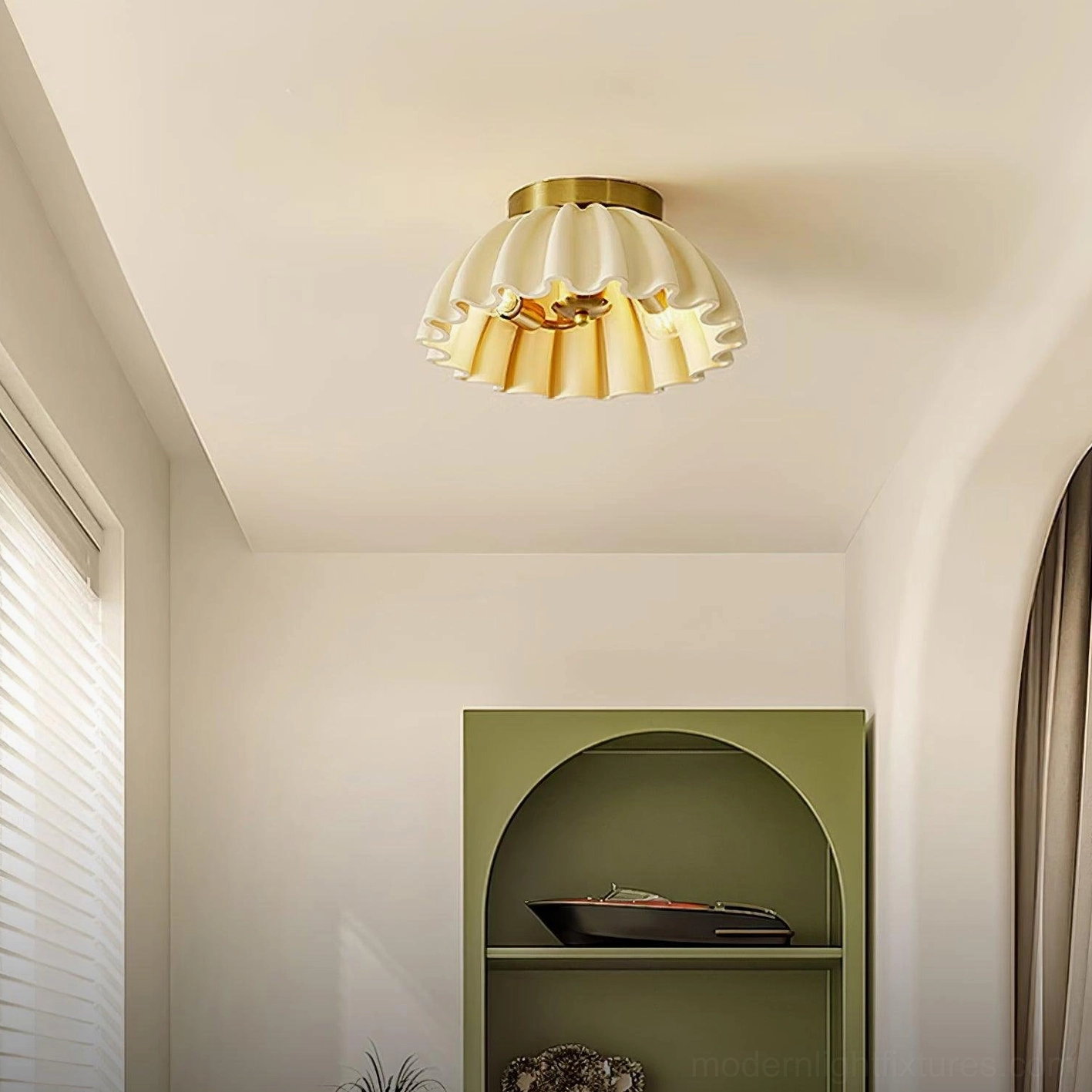 Scalloped ruffle ceiling light showing pleated shade texture and light diffusion design