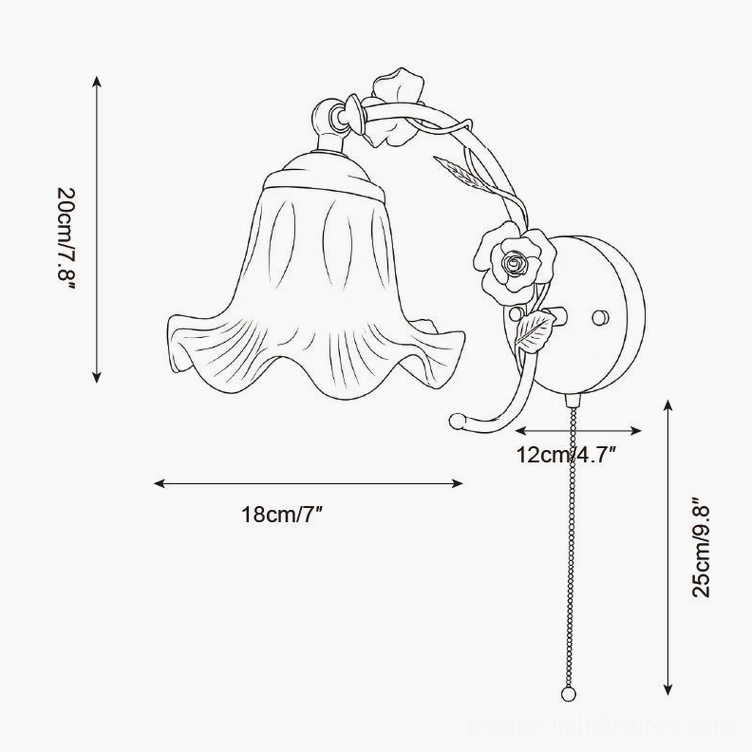 Wall lamp technical blueprint with ruffled edge glass shade and decorative metal arm
