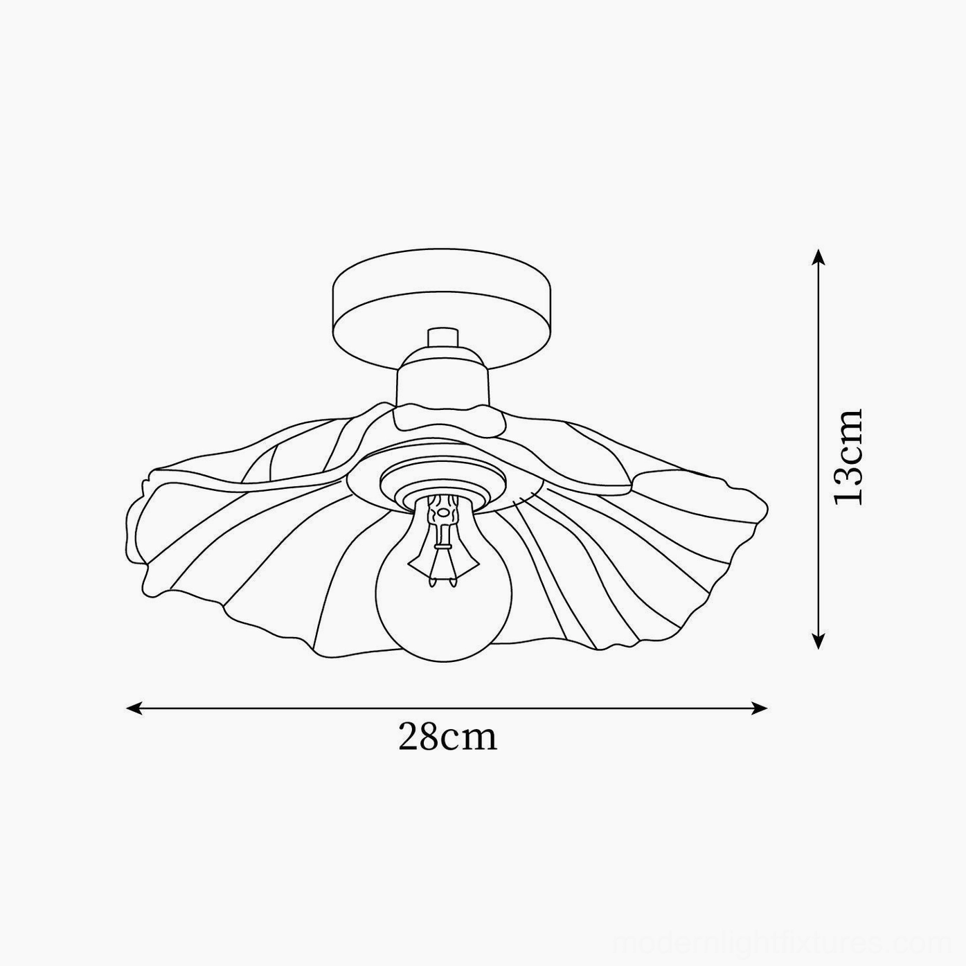Technical specification diagram of ruffled glass semi-flush ceiling light showing 28cm width and 13cm height dimensions