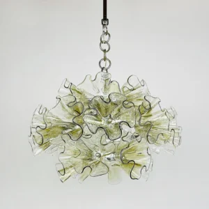 Mid-century modern ruffled glass pendant chandelier showing layered petal design with green and clear glass tones, three-quarter angle