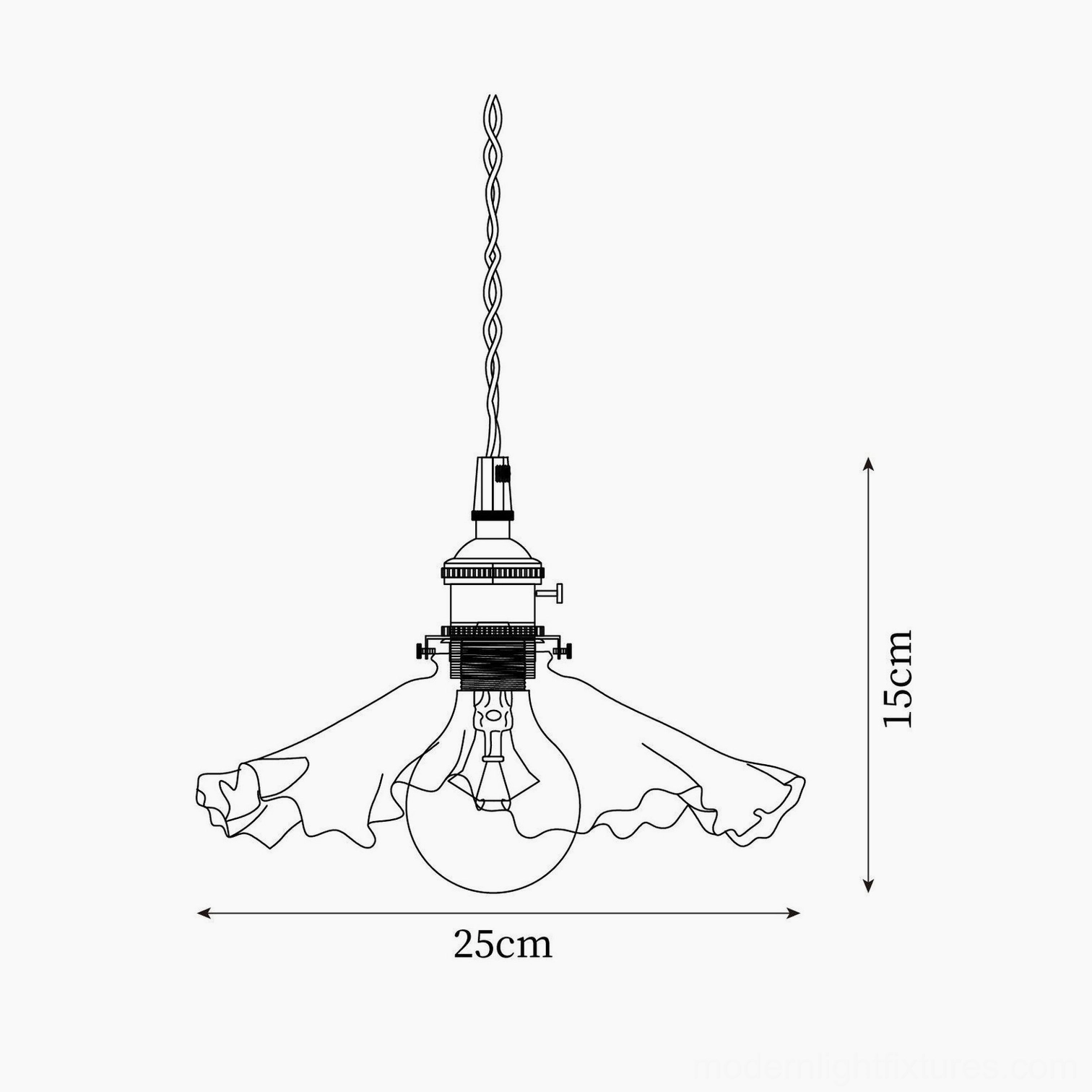 Technical schematic diagram of ruffled pendant light showing dimensions 25cm diameter by 15cm height