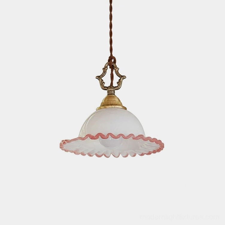 Ruffled pink glass pendant light with brass yoke - vintage-inspired small pendant fixture front view studio shot