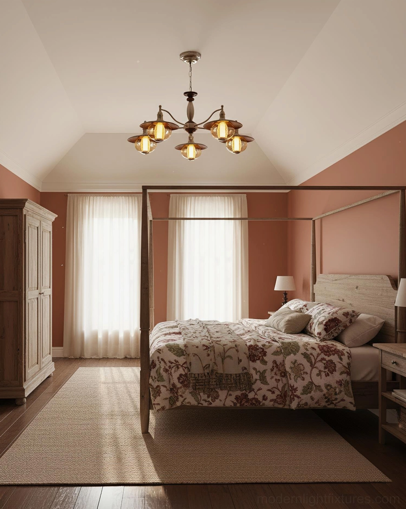 6-light rustic coachlight chandelier installed on cathedral ceiling in master bedroom - warm bronze finish ambient lighting