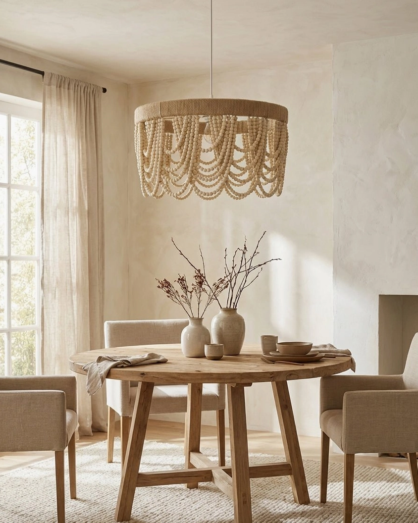 Natural woven pendant light with cascading wooden bead fringe above wooden dining set in rustic farmhouse dining area near fireplace