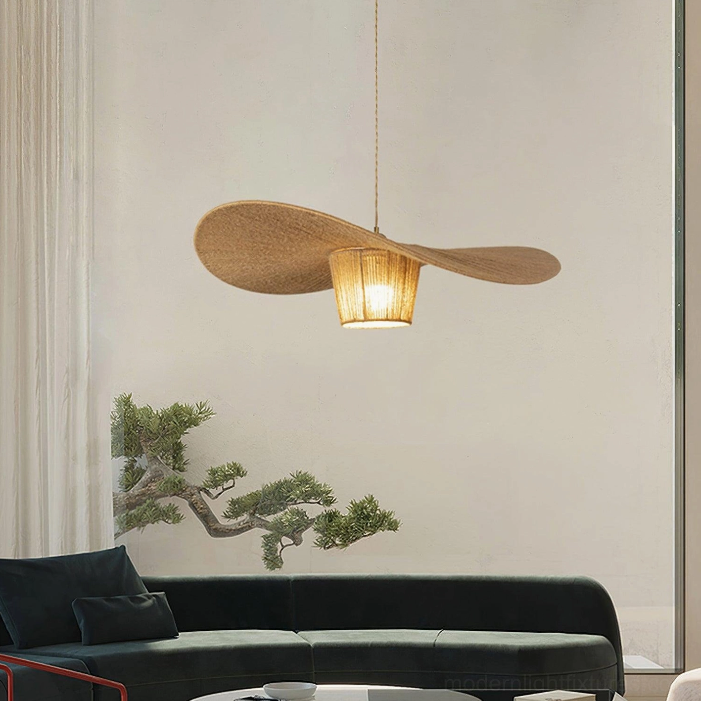 Artisan rope pendant lamp in natural minimalist living room with pine furniture and organic aesthetic