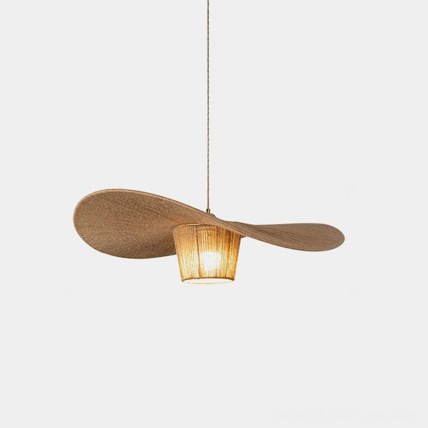Studio product shot of rustic hemp rope pendant light showcasing the distinctive petal-shaped design and brown tone