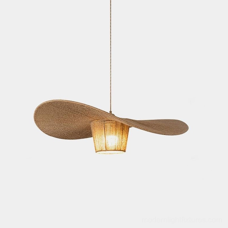 Rustic handwoven hemp rope pendant light with petal-shaped design, studio view showcasing brown woven texture and warm interior lighting