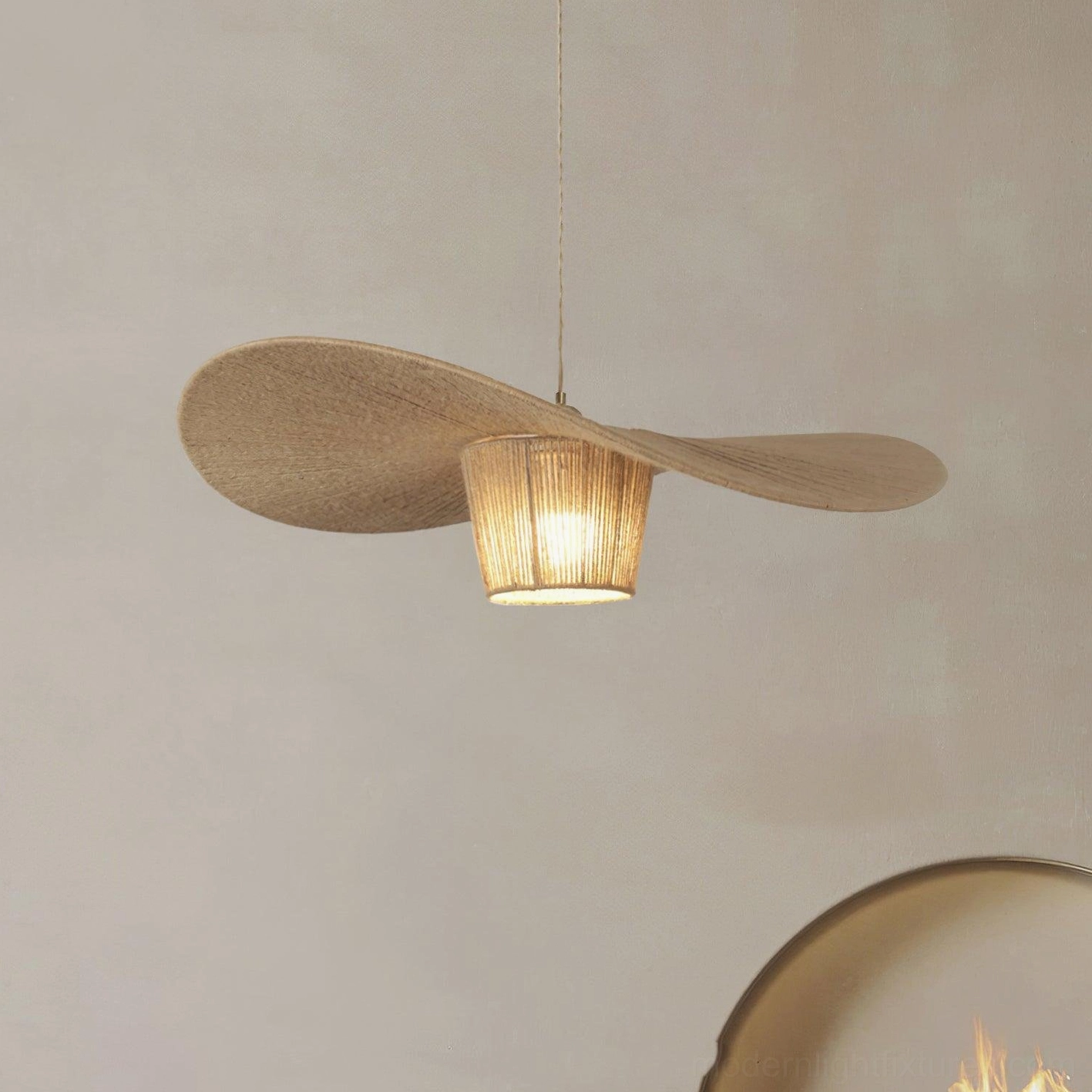 Rustic handwoven hemp rope pendant light shade showing natural brown fiber weave and organic material construction