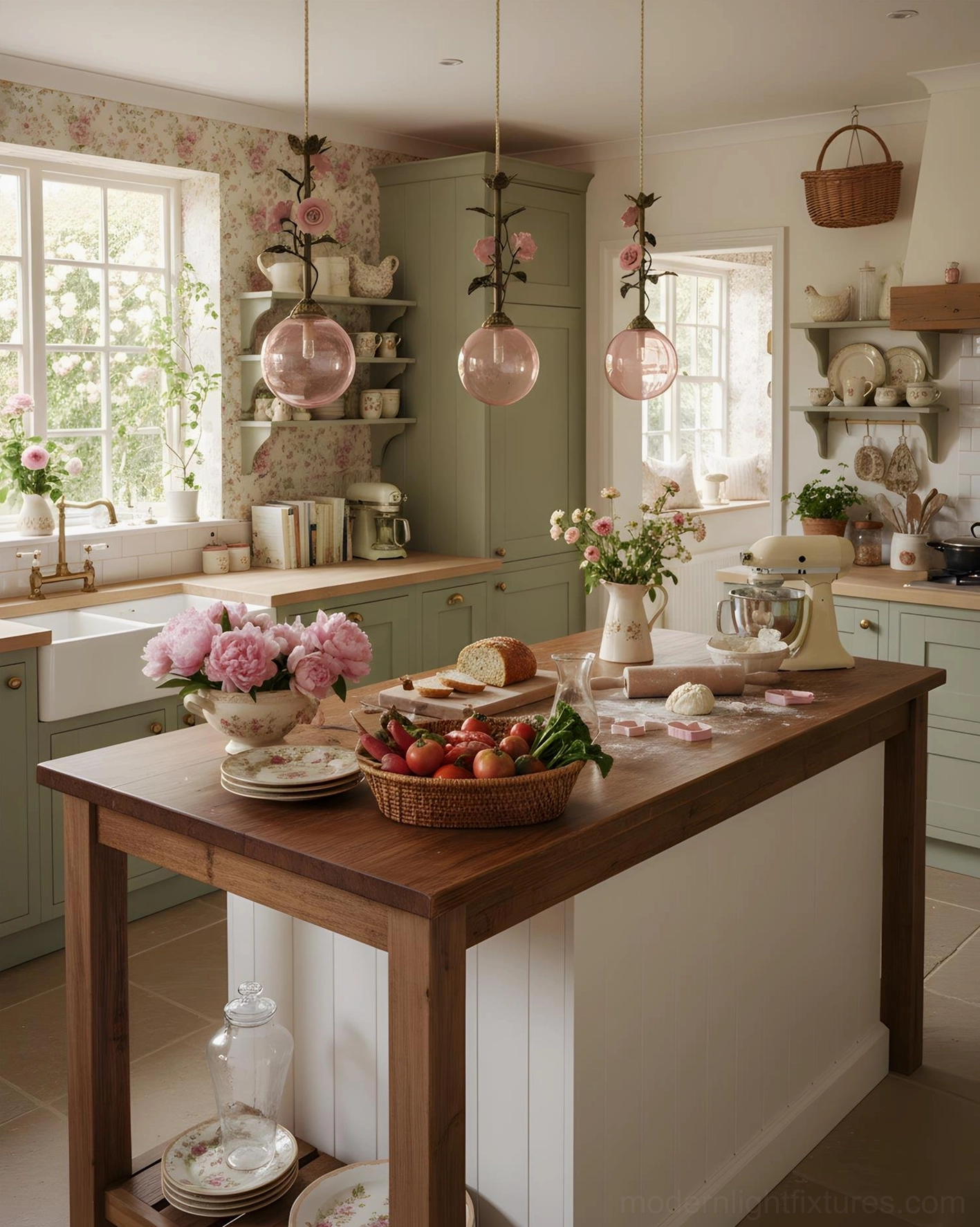 Floral pendant lamps hanging above kitchen island in rustic cottagecore kitchen