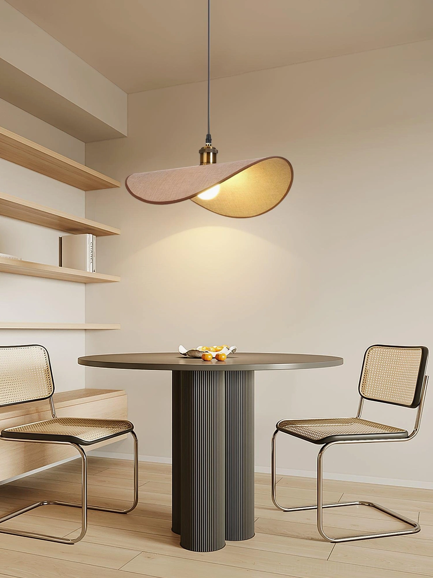 Close-up detail of handcrafted pendant light fabric shade texture and warm interior glow