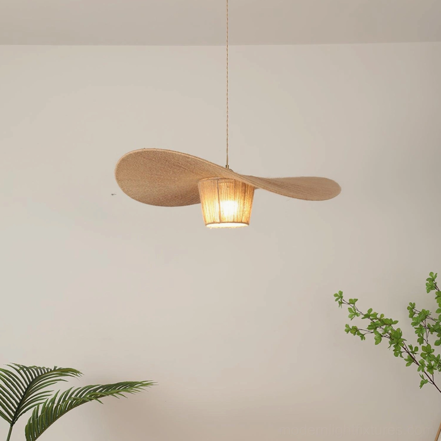 Rustic petal-shaped pendant lamp with handwoven rope shade creating soft diffused lighting in home environment