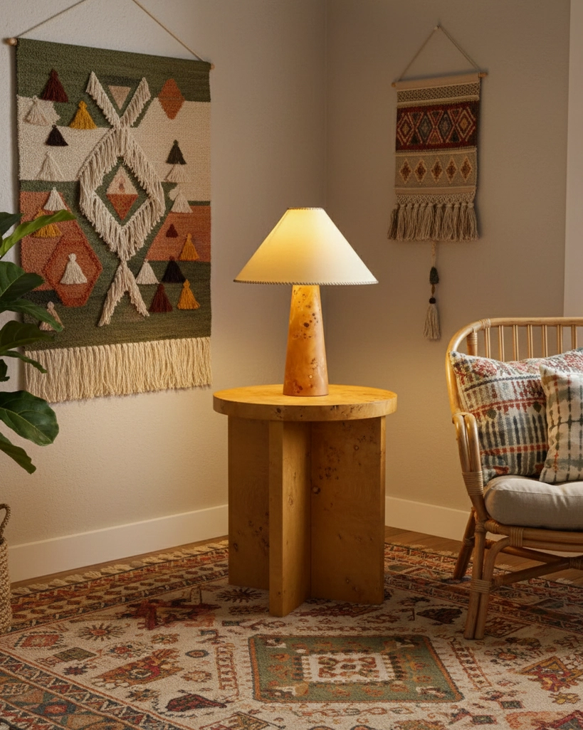 Stitched fabric shade table lamp rustic bohemian style lighting fixture home decor
