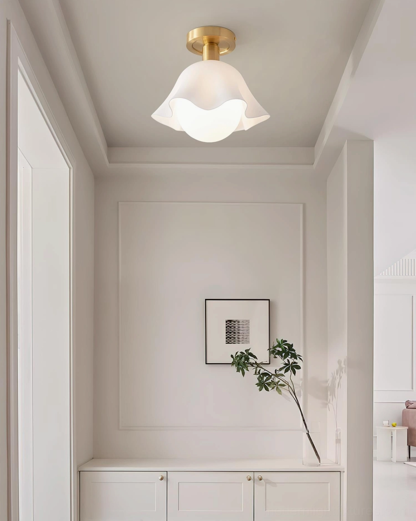 Rustin semi-flush brass ceiling light fixture - detailed view of white ruffled glass shade and warm brass base