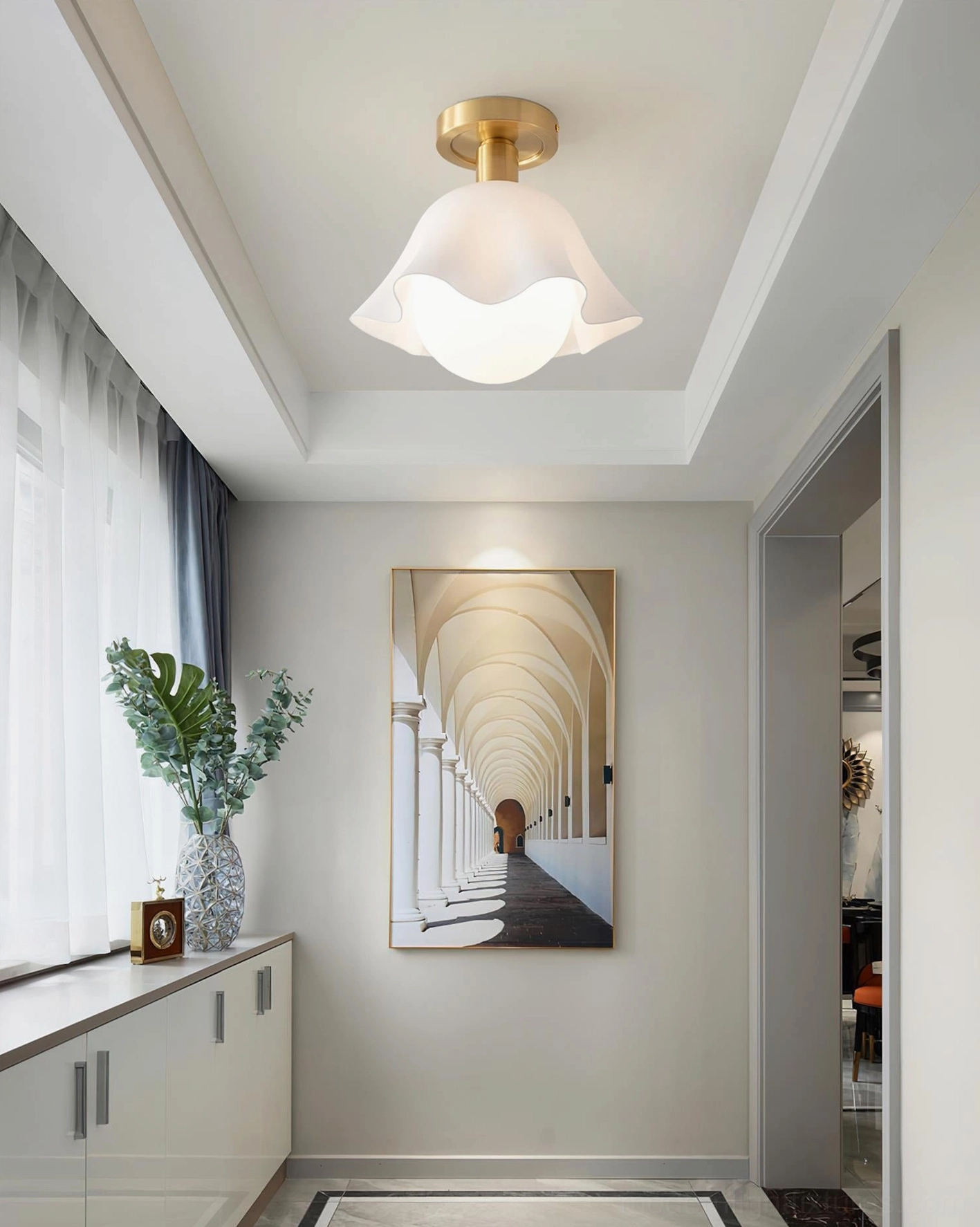 Rustin flower ceiling light in residential hallway with artwork and green plant decor - contemporary light luxury fixture