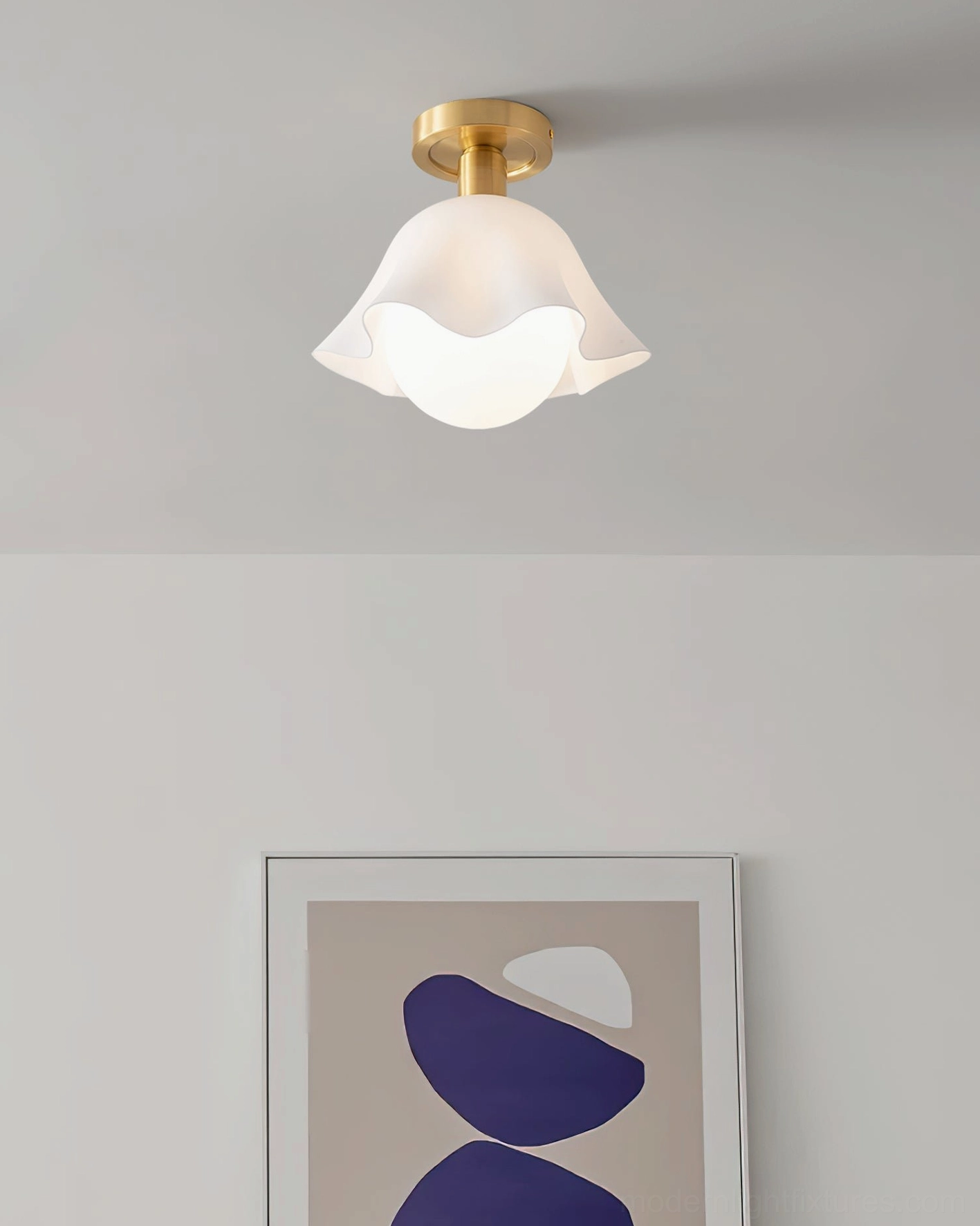 Rustin ruffled glass flower ceiling light in minimalist room with abstract wall art - Nordic home style lighting