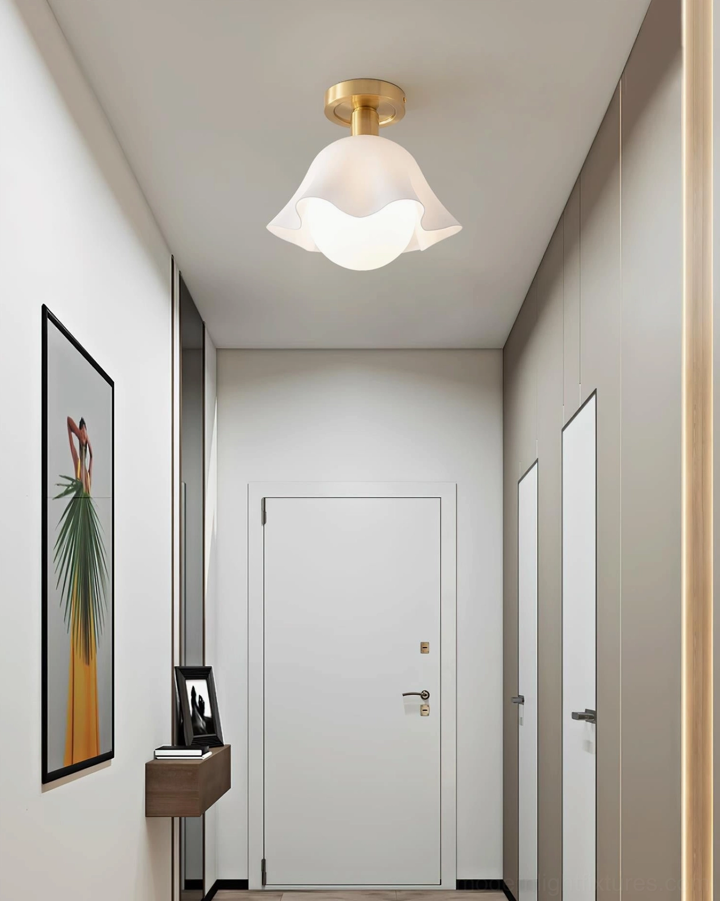 Rustin flower-petal ceiling light fixture - close-up of sculptural ruffled acrylic glass shade with brass hardware