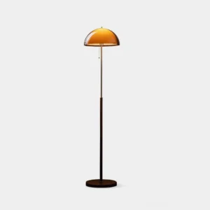 Rustina amber dome floor lamp with walnut stem, front view on white background showing complete mid-century modern design