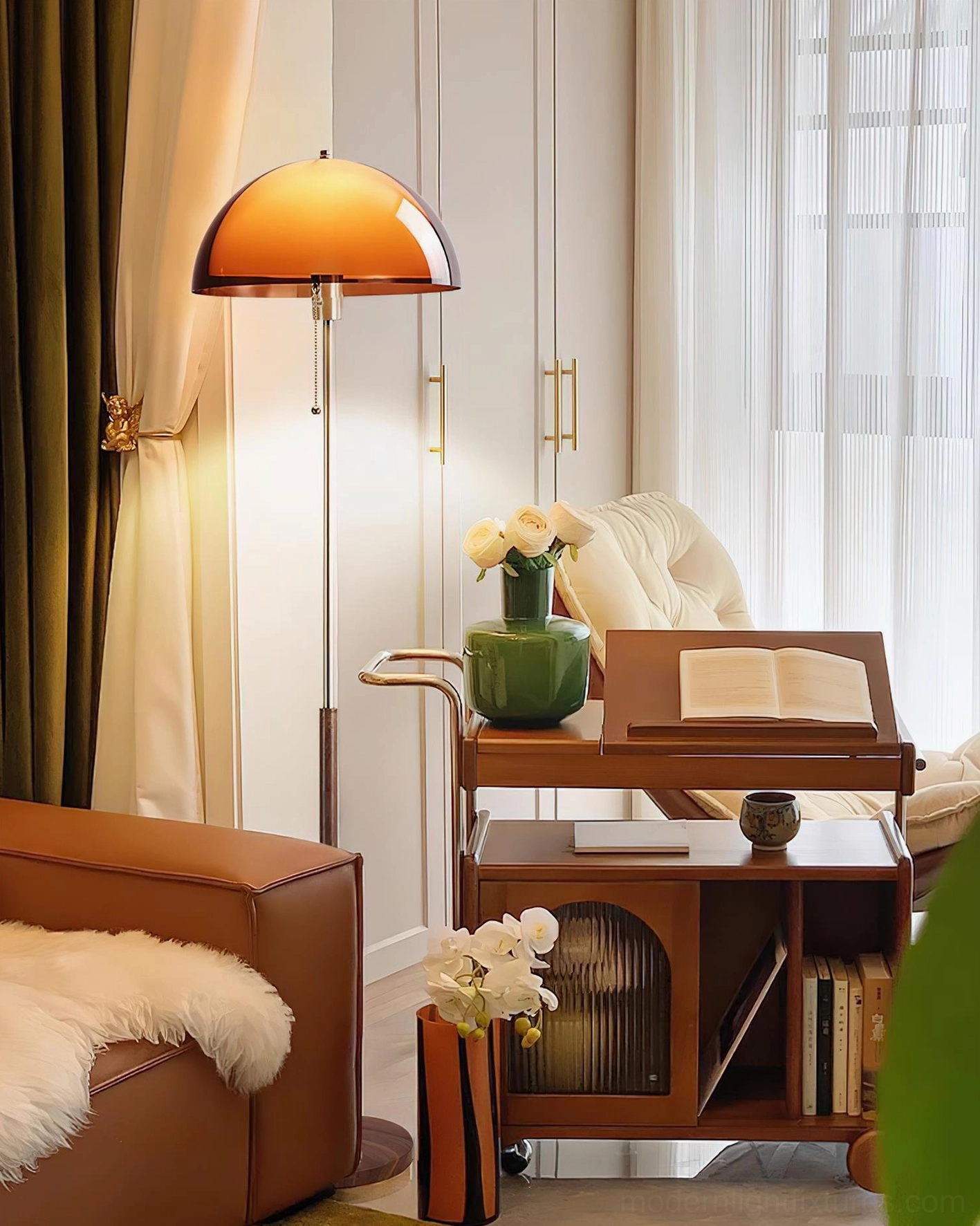 Rustina floor lamp dome shade close-up showing amber acrylic semi-transparent material and light diffusion properties