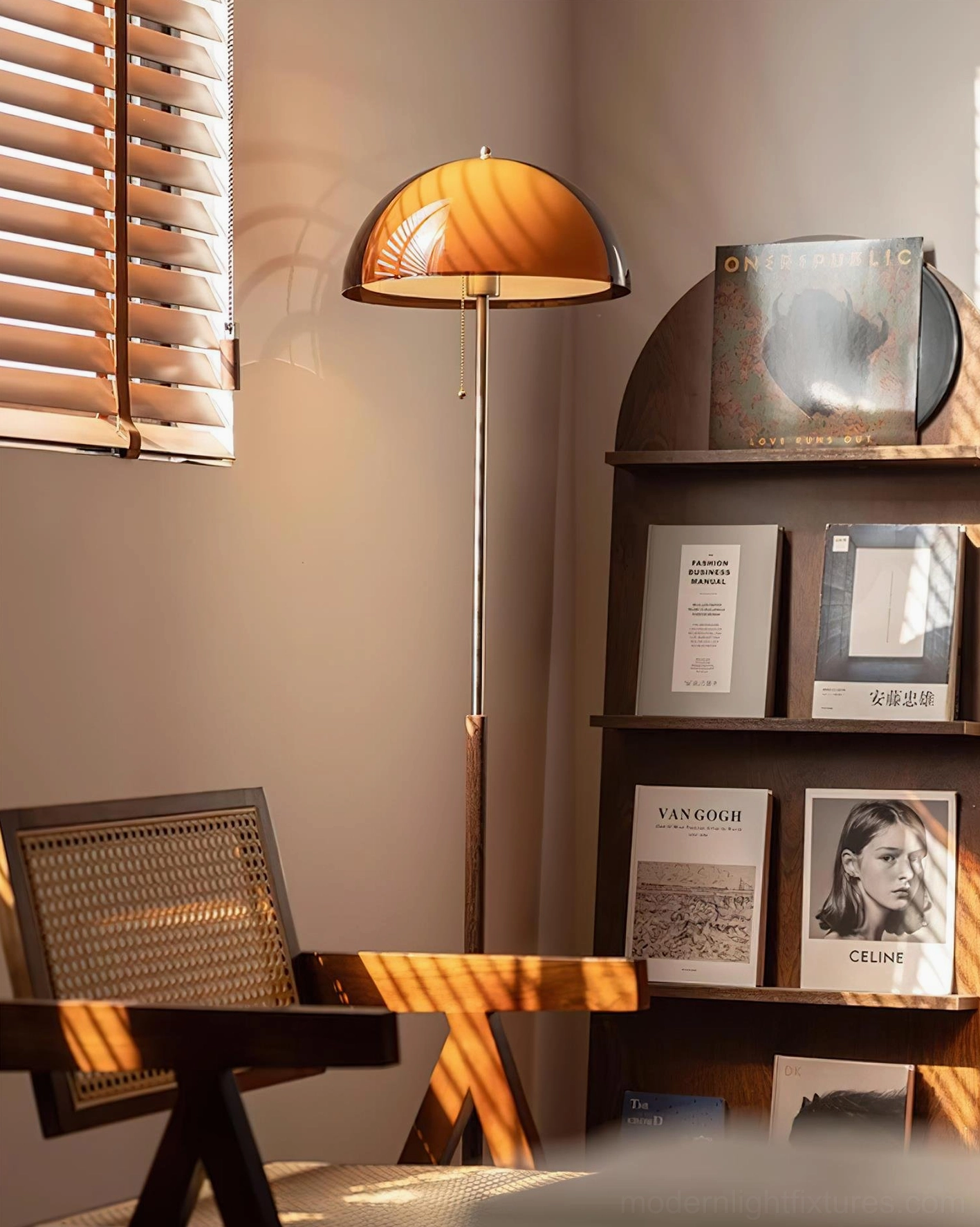 Rustina mid-century modern floor lamp walnut and amber variant in home interior setting full view
