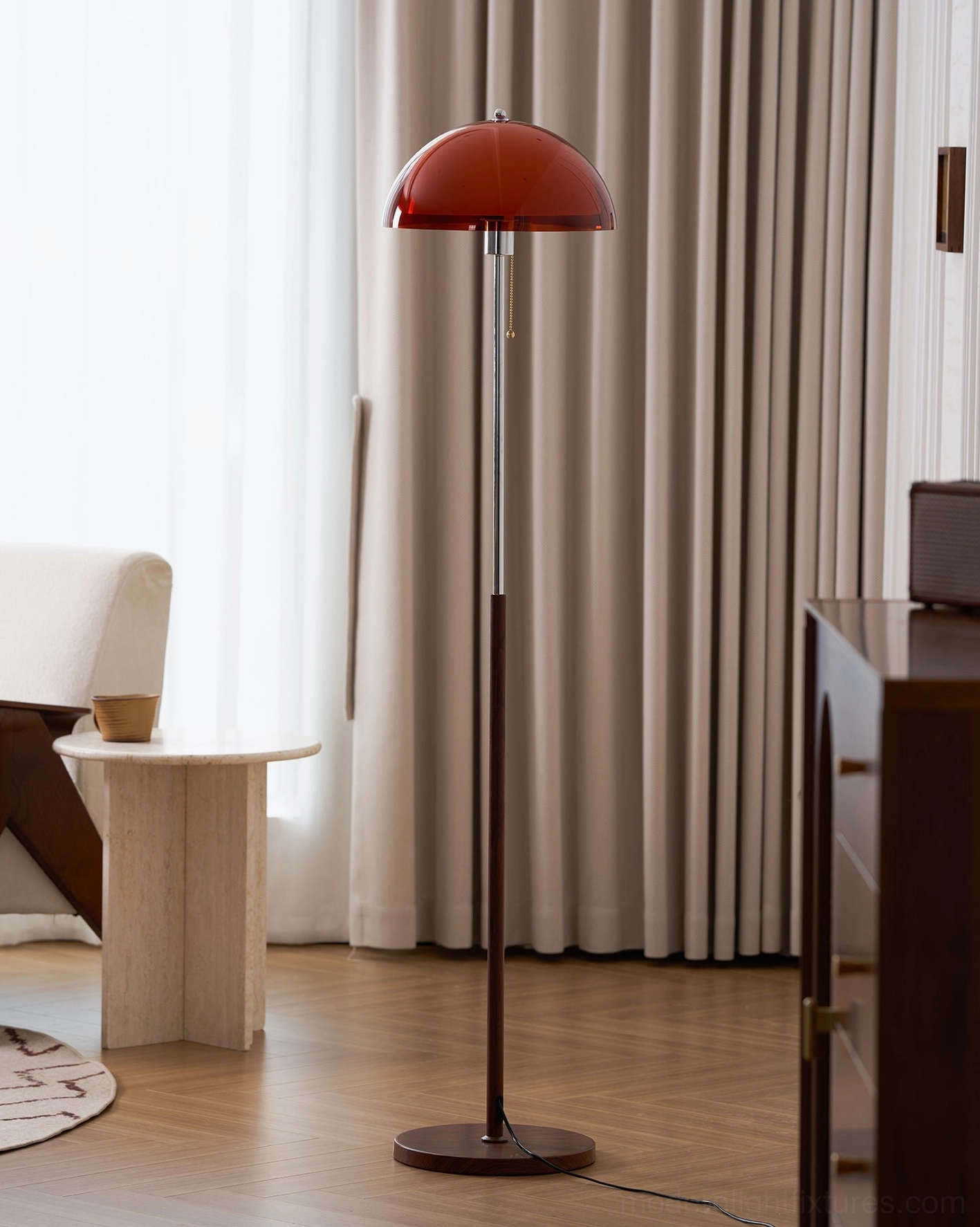 Rustina floor lamp open-plan living area showing layered lighting strategy and spatial depth creation