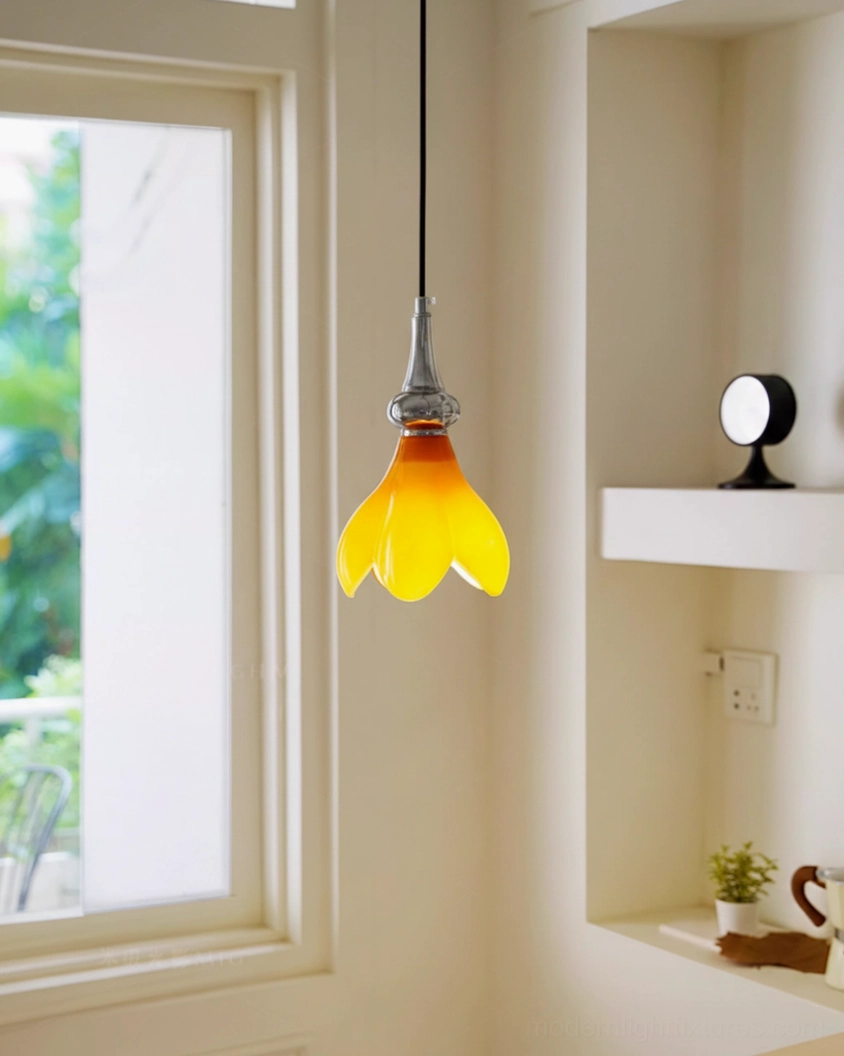 Saffron flower hanging pendant light installed in residential entryway with window, wall shelves, and neutral interior backdrop