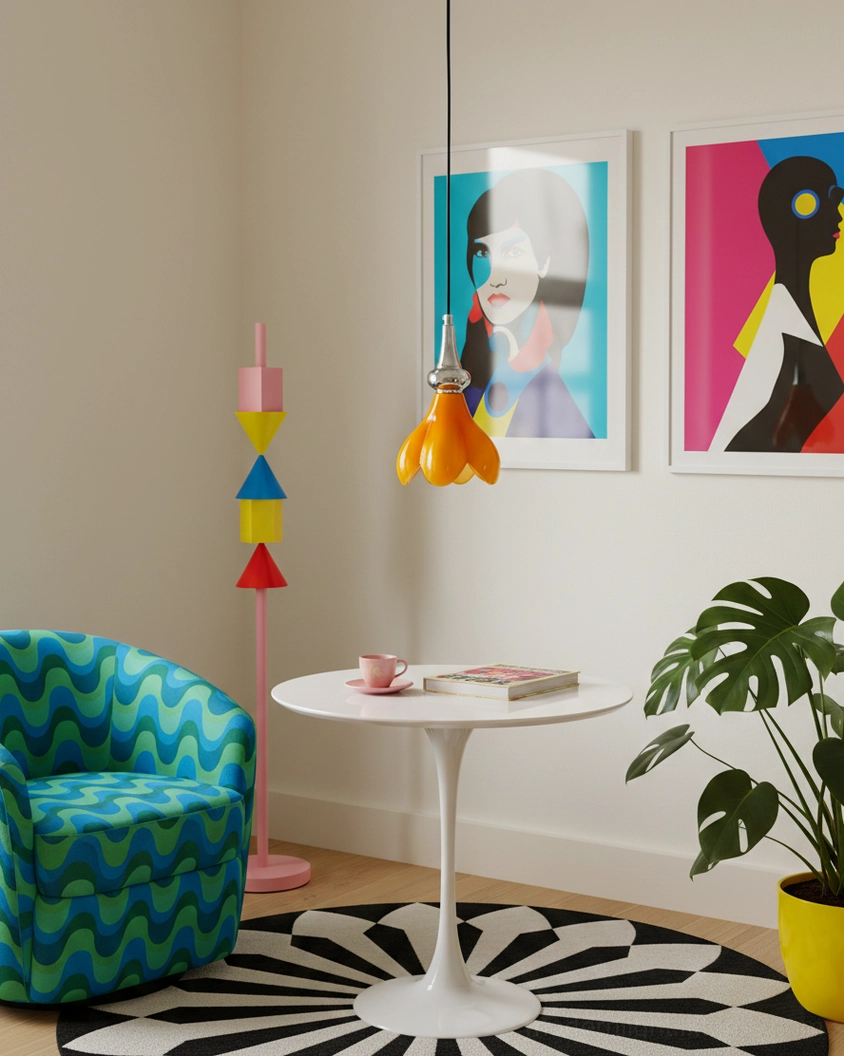 Mini saffron flower pendant lamp in modern pop art sitting area with bold wall art and playful contemporary home design
