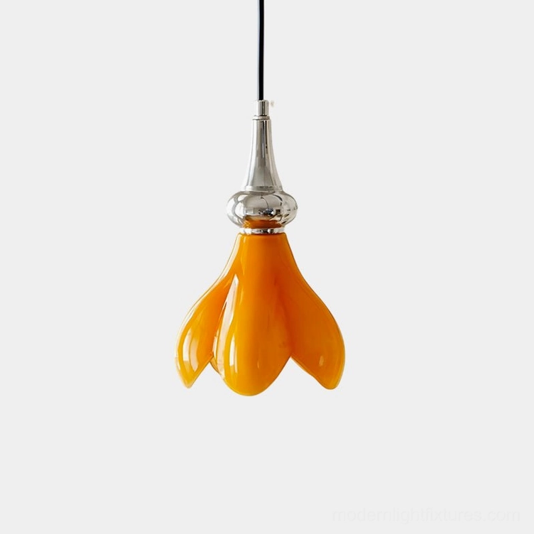 Saffron flower pendant light with orange glass petal shade and polished chrome fixture, front close-up view on white background