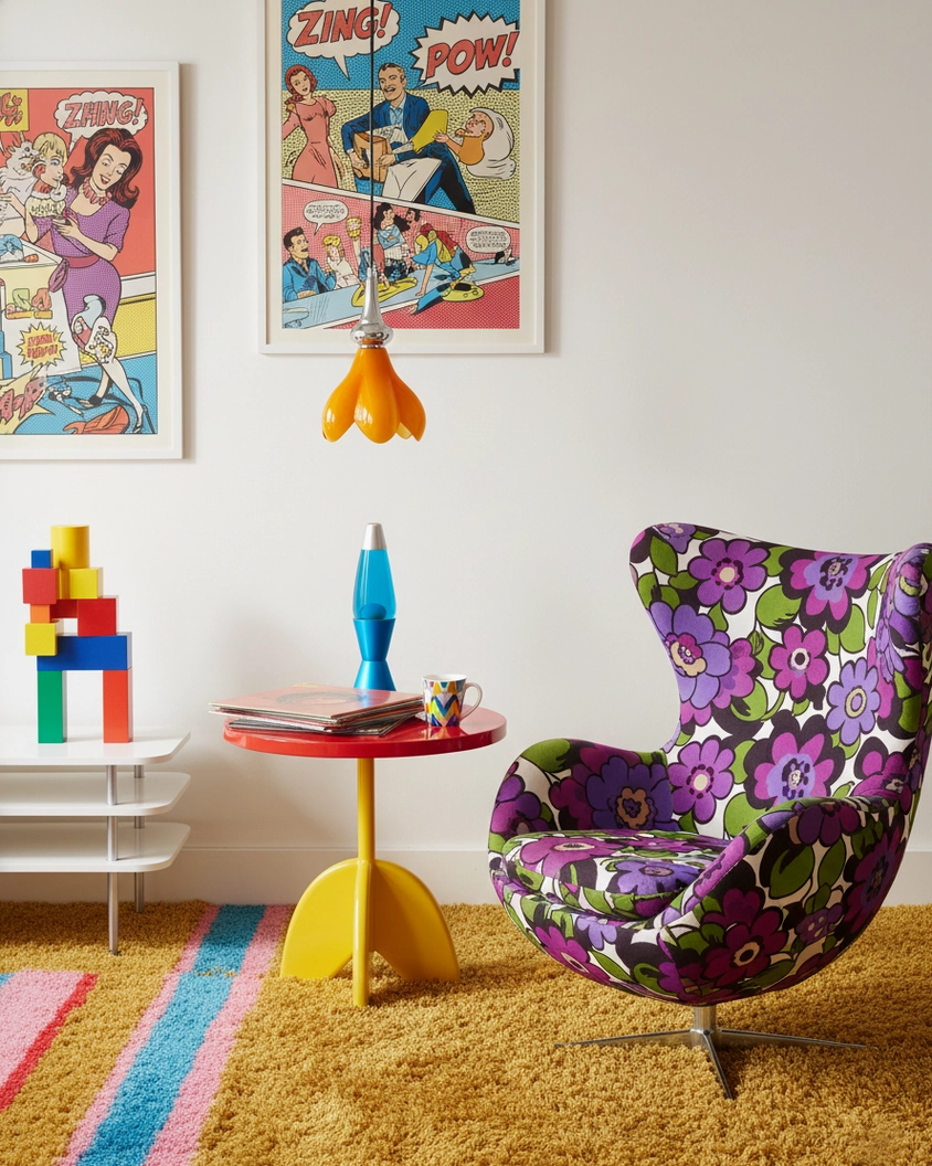 Mini saffron flower pendant lamp in pop art themed living corner with colorful retro home accessories and vibrant decor