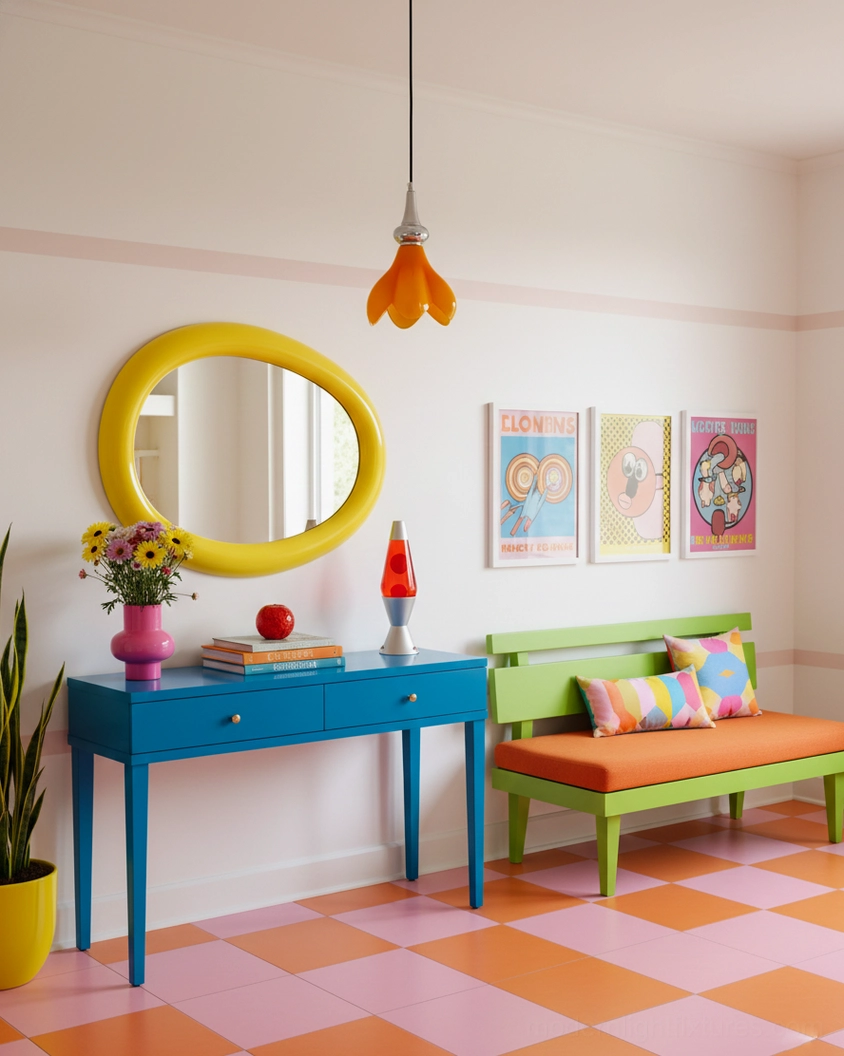 Saffron flower hanging pendant lamp in colorful retro living space with pink-orange checkered floor and vivid furniture