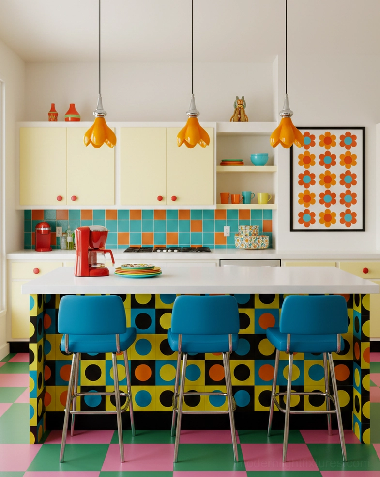 Clustered saffron flower pendant lights at staggered heights above kitchen island showcasing mid-century modern retro style