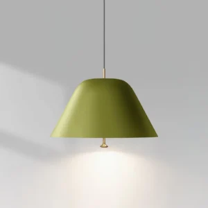 Sage green dome metal pendant lamp showing bottom hardware detail with warm downward ambient lighting
