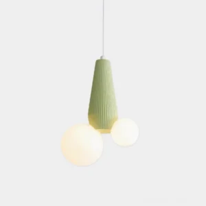 Modern sage green pendant light with dual frosted white glass globes - studio product view
