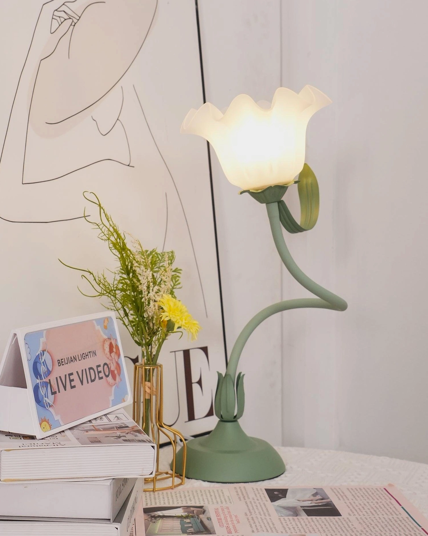 Sage green lily flower table lamp botanical design on bedside table in modern bedroom