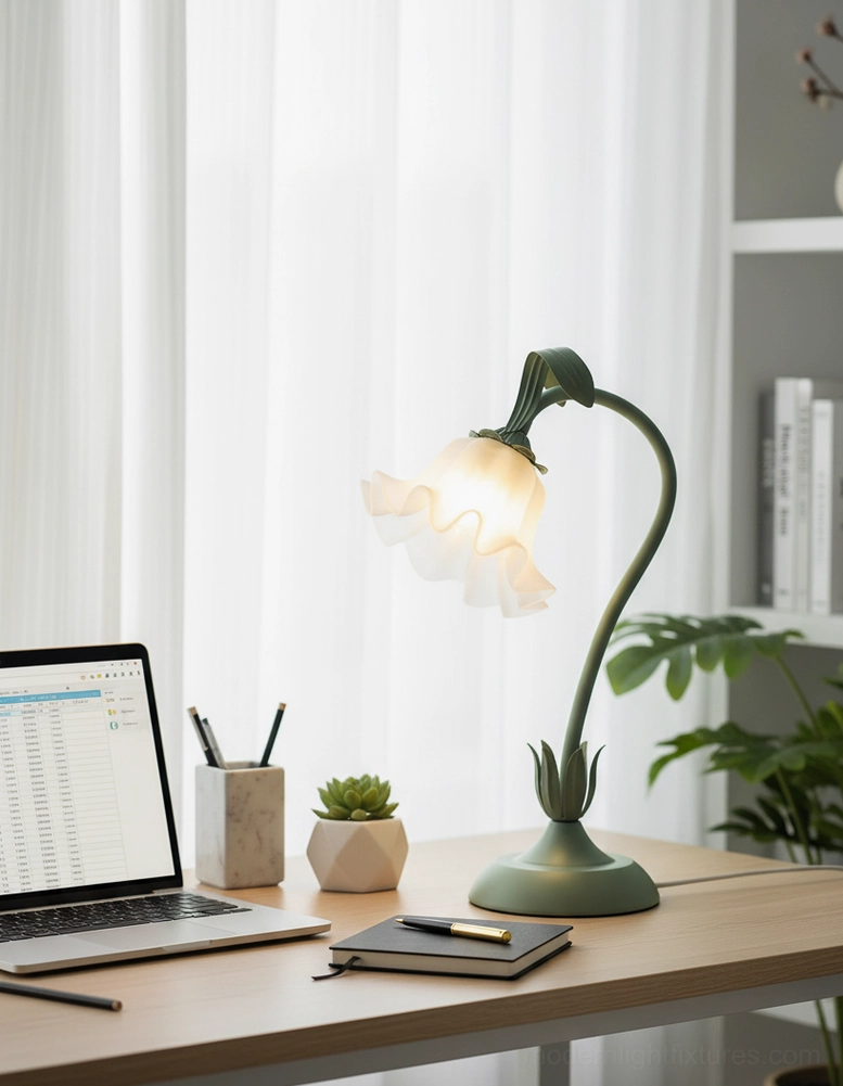 Sage green lily flower table lamp on side table creating warm ambient lighting in modern home