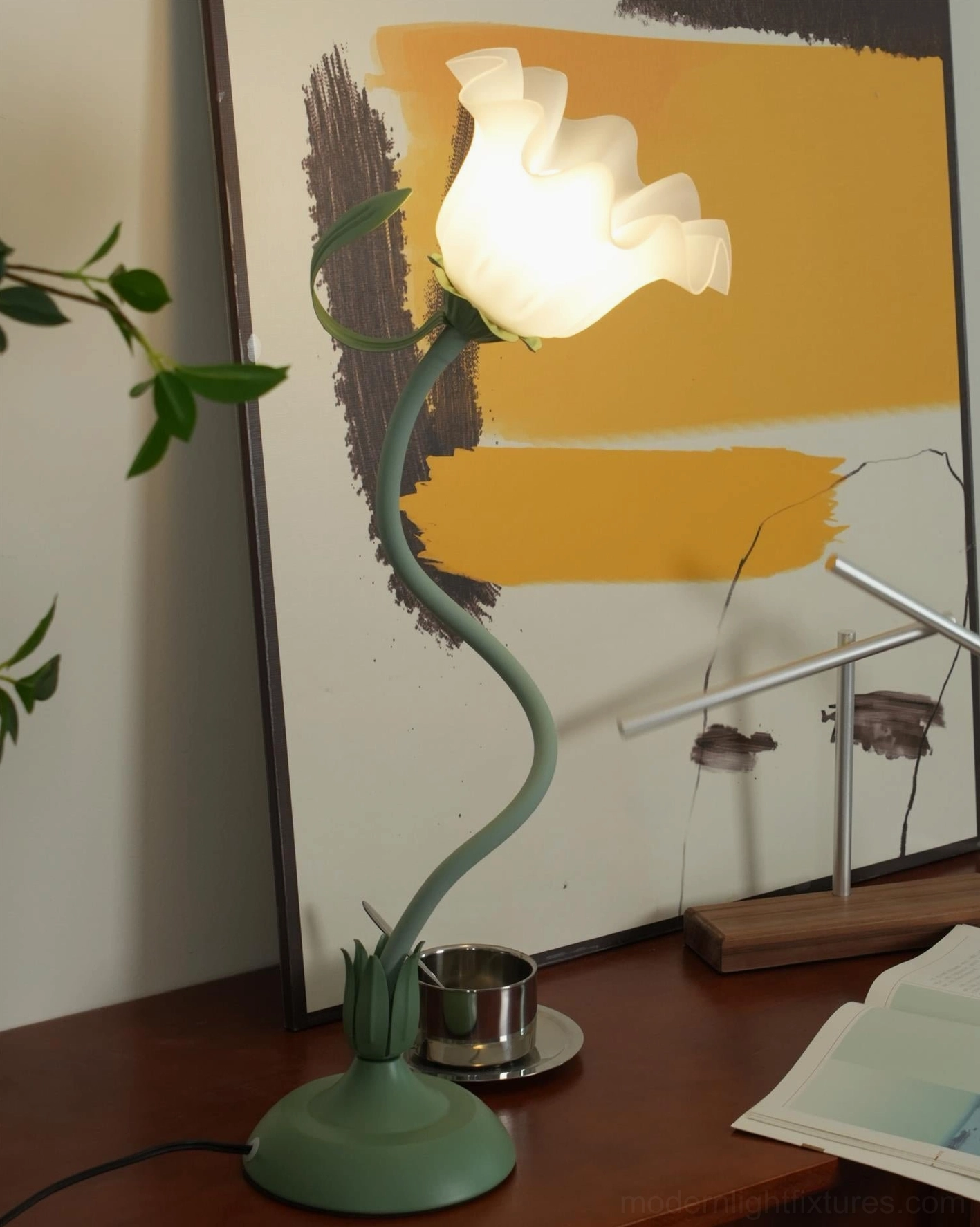 Sage green lily flower table lamp on console table in modern eclectic living room style