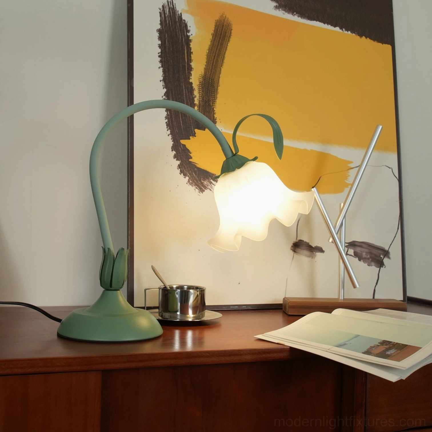 Sage green lily flower table lamp showing botanical nature-inspired design aesthetic