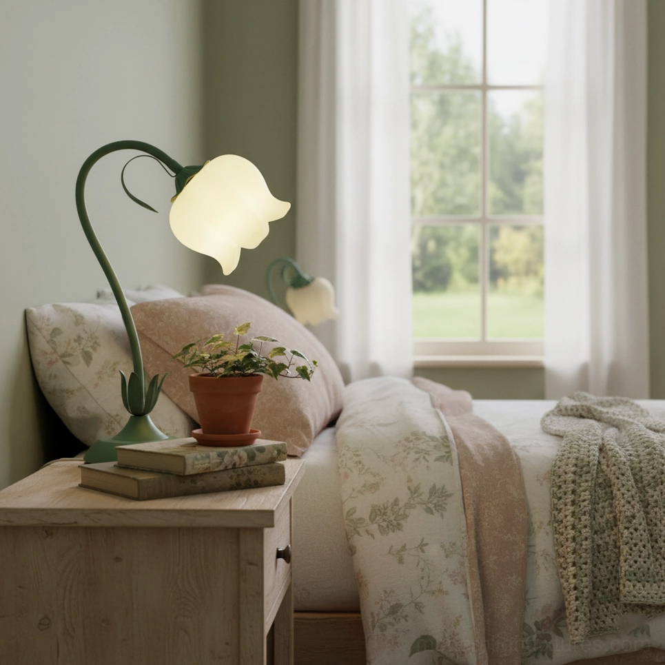 Sage green twist tulip lamp creating soft ambient lighting in modern interior space