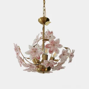 Pink Sakura blossom floral chandelier with hand-crafted glass petals and brass frame, front view in studio lighting