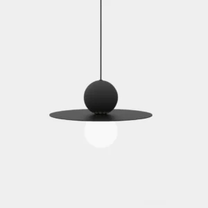 Sakyla modern black disc pendant light with suspended glass sphere, overhead studio view