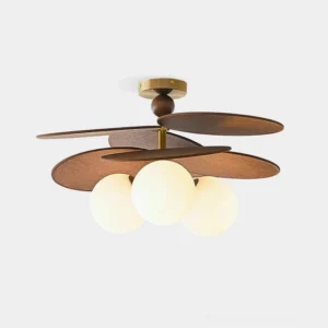 Salisbury rattan ceiling light fixture front view, mid-century modern design with walnut wood blades and frosted glass globes on white background