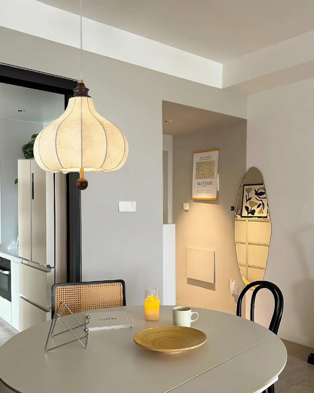 Sand nickel finish botanical pendant light showing neutral metallic tone and fabric shade compatibility