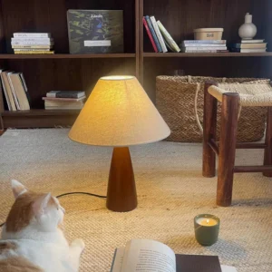 Natural sandstone lamp in cozy living room setting with wool rug, warm lighting, modern home interior